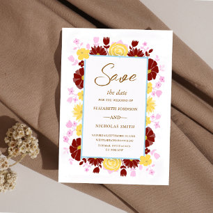burgundy pink and yellow floral elegant wedding save the date