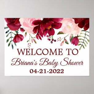 Burgundy Pink Baby Shower Floral Welcome Poster