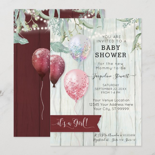 Burgundy Pink Balloon Rustic Wood Girl Baby Shower Invitation (Front/Back)