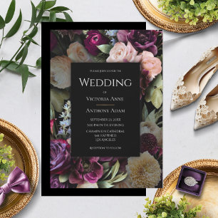 Burgundy Pink & Black Elegant Floral Wedding  Invitation