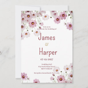 Burgundy pink blossom cosmos flower Wedding Invitation