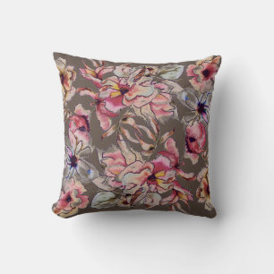 Burgundy Pink Blue Floral Garland Watercolor Brown Cushion