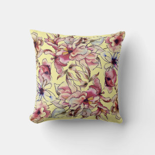 Burgundy Pink Blue Floral Garland Watercolor Cushion