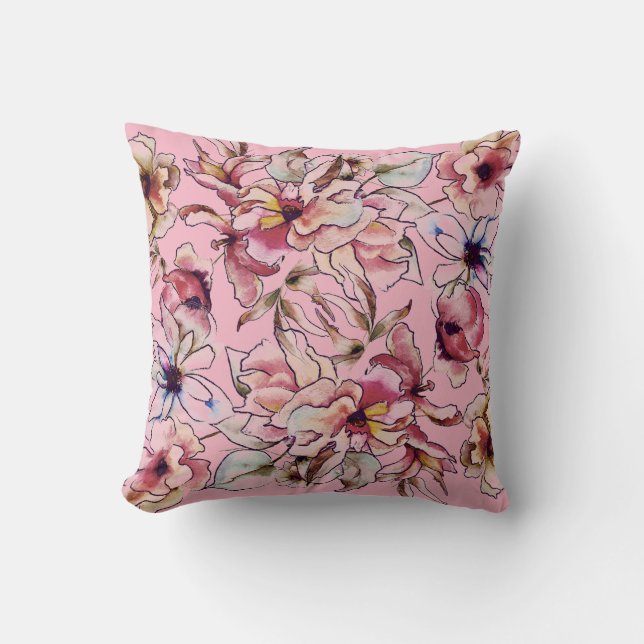 Burgundy Pink Blue Floral Garland Watercolor Cushion (Front)
