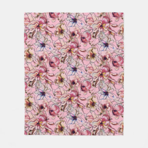 Burgundy Pink Blue Floral Garland Watercolor Fleece Blanket