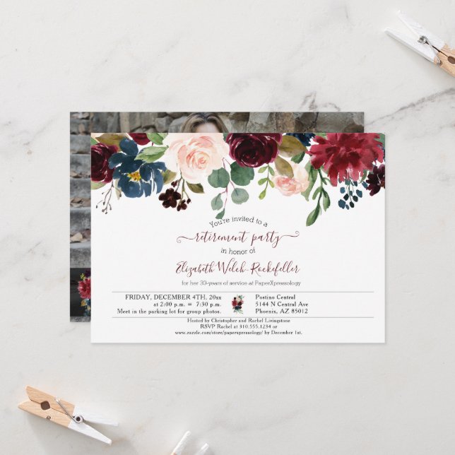 Burgundy Pink Blue Floral Photo Retirement Party Invitation (Front/Back In Situ)