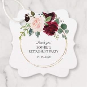 Burgundy Pink Blue Flowers Gold Retirement Party Favour Tags