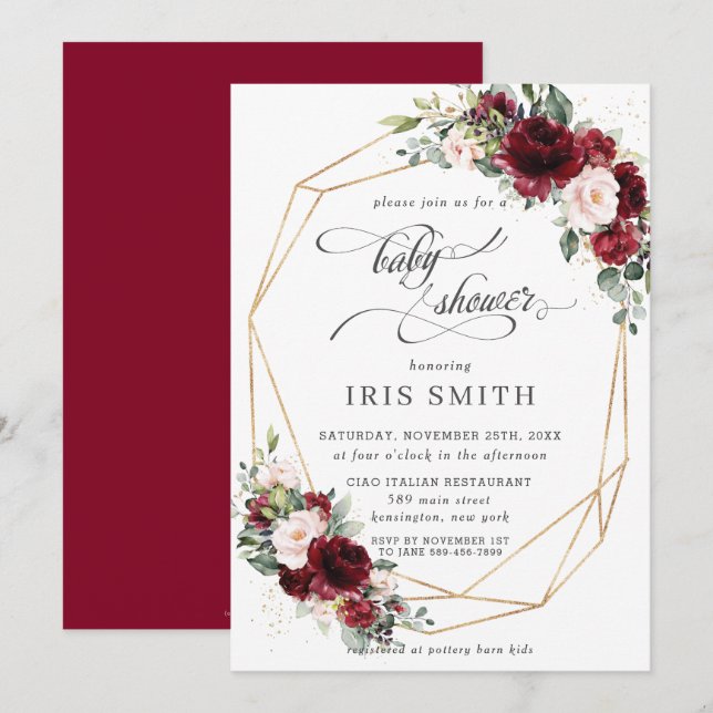 Burgundy Pink Blush Floral Baby Shower Geometric Invitation (Front/Back)