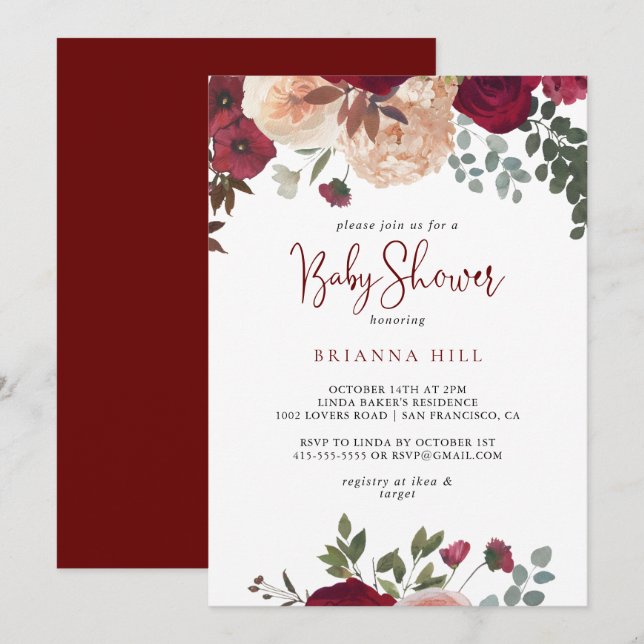 Burgundy Pink Blush Floral Baby Shower  Invitation (Front/Back)