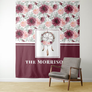 Burgundy Pink Blush Floral Dreamcatcher Pattern Tapestry