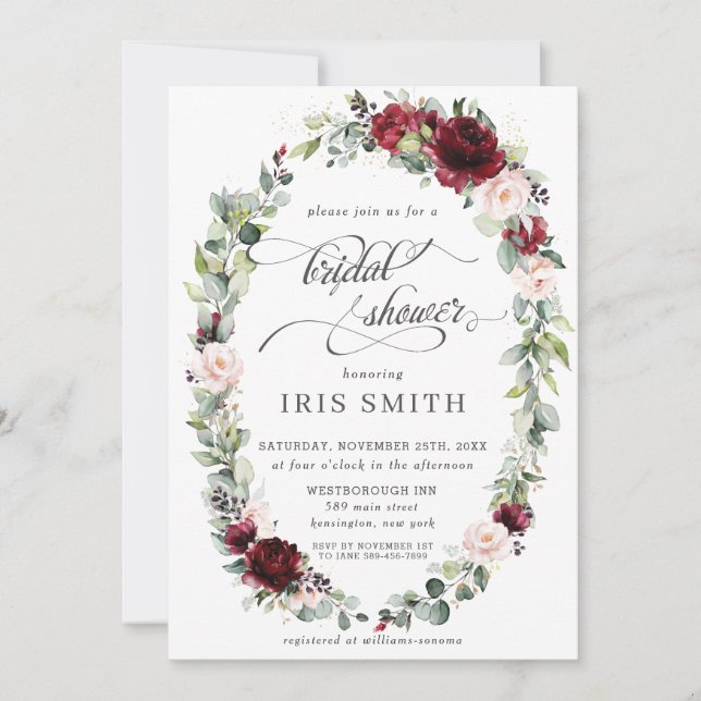 Burgundy Pink Blush Floral Greenery Bridal Shower Invitation (Front)