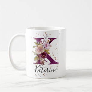 Burgundy Pink Blush Floral Letter K Monogram Coffee Mug