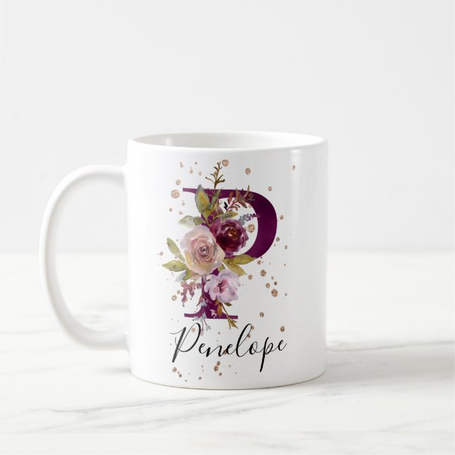 Burgundy Pink Blush Floral Letter P Monogram Coffee Mug (Left)