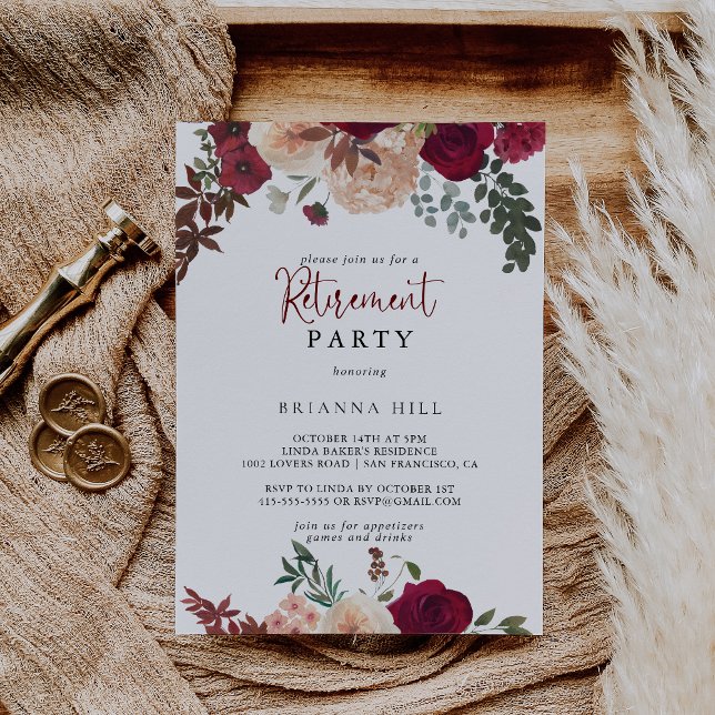 Burgundy Pink Blush Floral Retirement Party  Invitation (Creator Uploaded)