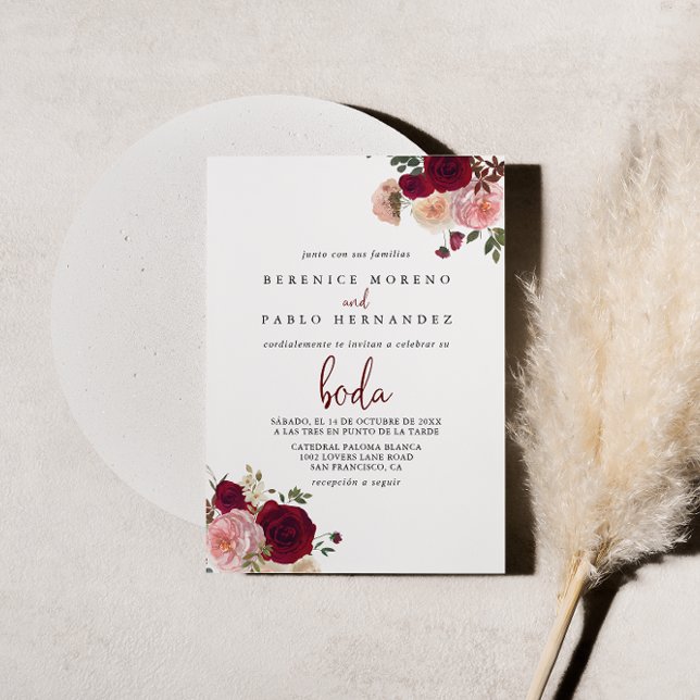 Burgundy Pink Blush Floral Spanish Wedding  Invitation (Creator Uploaded)
