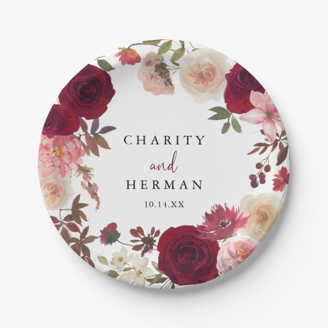 Burgundy Pink Blush Floral Wedding Cake  Paper Plate (Front)