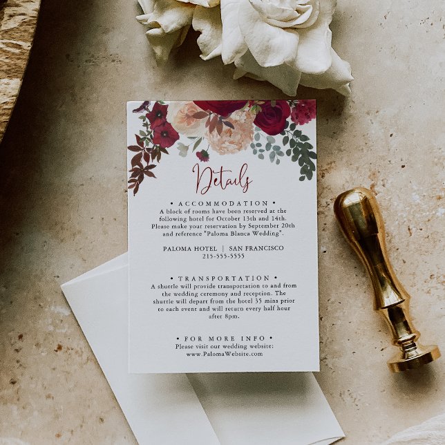 Burgundy Pink Blush Floral Wedding Details  Enclosure Card (Creator Uploaded)