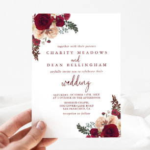 Burgundy Pink Blush Floral Wedding  Invitation