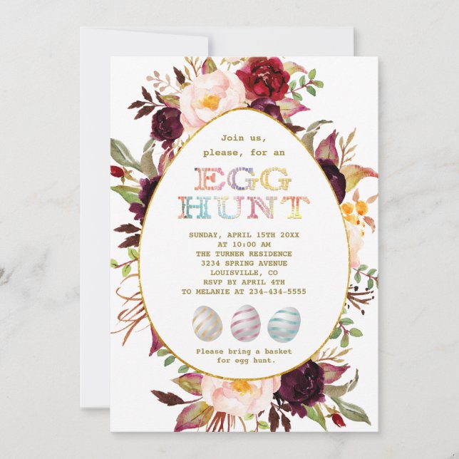 Burgundy Pink Blush Flowers Gold Egg Hunt Easter Invitation (Front)