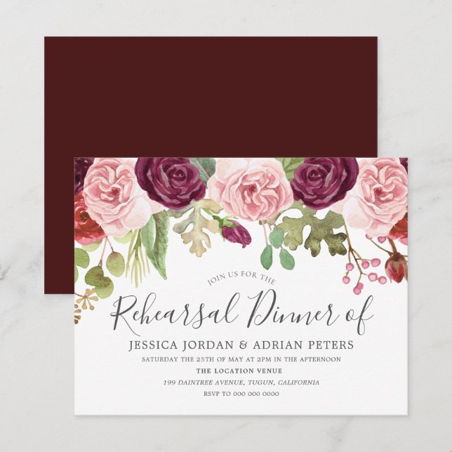 Burgundy Pink Blush Roses Modern Rehearsal Dinner Invitation (Front/Back)