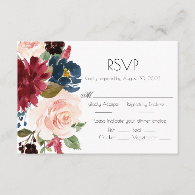 Burgundy Pink Blush Watercolor Elegant Wedding RSVP Card (Front)