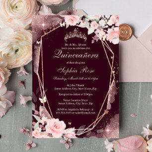 Burgundy Pink Butterfly Floral Quinceanera