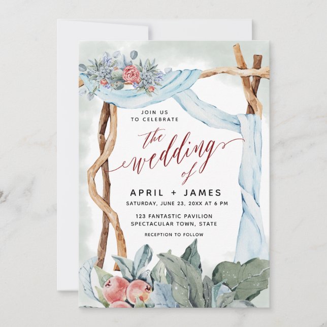 Burgundy Pink Cascade Rustic Wooden Gate Floral  Invitation (Front)