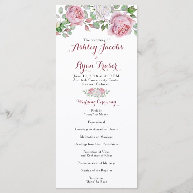 Burgundy Pink Chic Rose Floral Wedding Program Programme (Front)