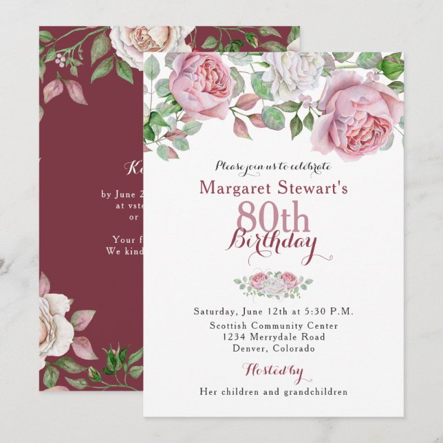 Burgundy Pink Country Rose 80th Birthday Invite (Front/Back)