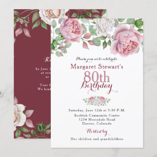 Burgundy Pink Country Rose 80th Birthday Invite