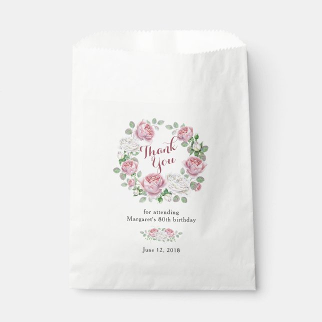 Burgundy Pink Country Rose 80th Birthday Thank You Favour Bags (Front)