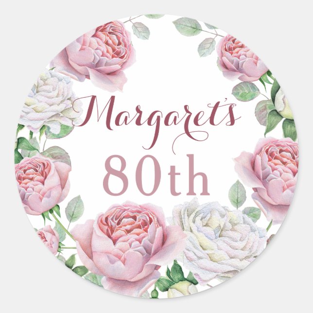 Burgundy Pink Country Rose Floral 80th Birthday Classic Round Sticker (Front)