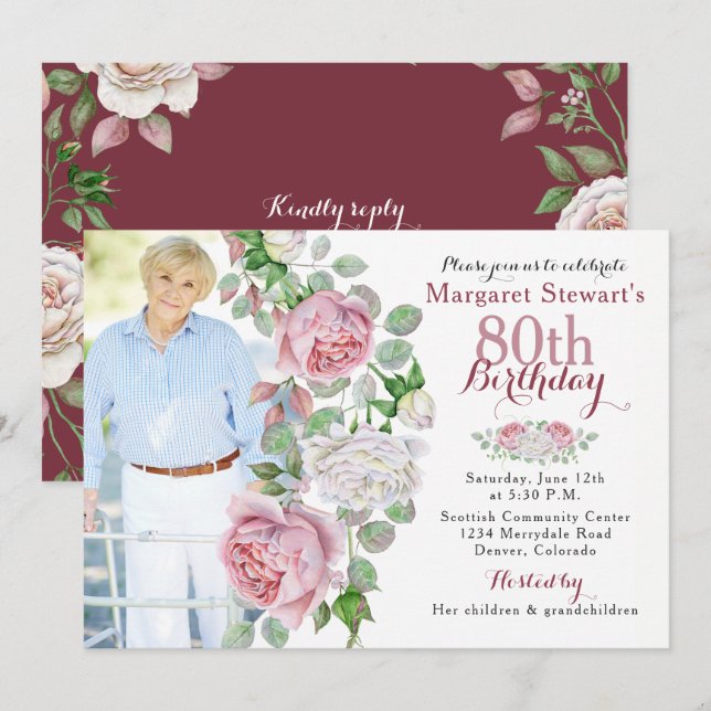 Burgundy Pink Country Rose Photo 80th Birthday Invitation (Front/Back)