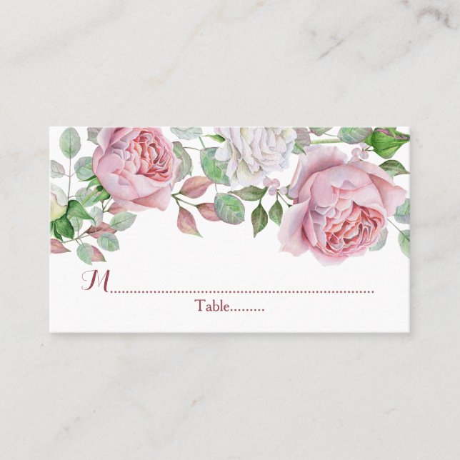 Burgundy Pink Country Rose Wedding Place Cards (Front)