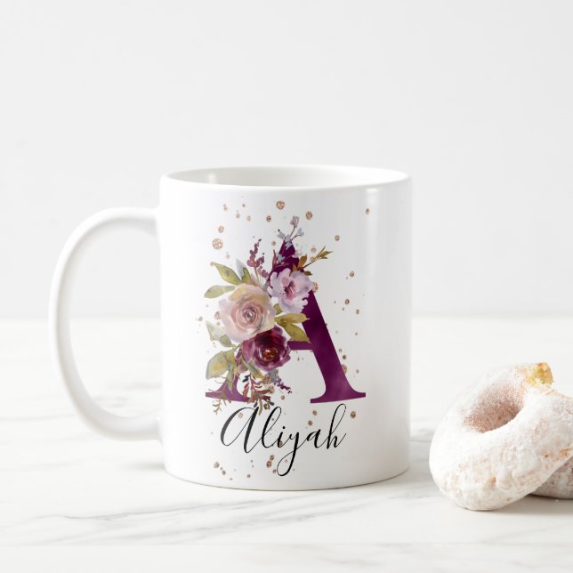 Burgundy Pink Cream Floral Letter A Monogram Coffee Mug (With Donut)