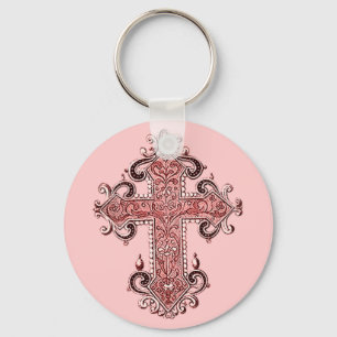 Burgundy Pink Cross Vintage Art Key Chain! Key Ring