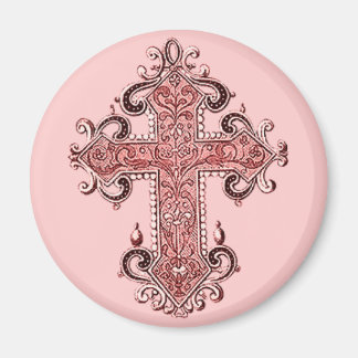 Burgundy Pink Cross Vintage Art Round Magnet! Magnet