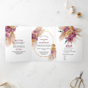 Burgundy Pink Dahlias Pampas Grass Dried Flowers Tri-Fold Invitation
