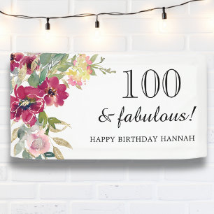 Burgundy Pink Floral 100th Birthday  Banner