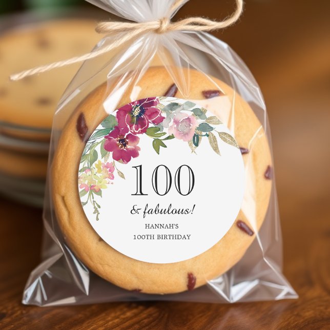 Burgundy Pink Floral 100th Birthday  Classic Round Sticker (Creator Uploaded)
