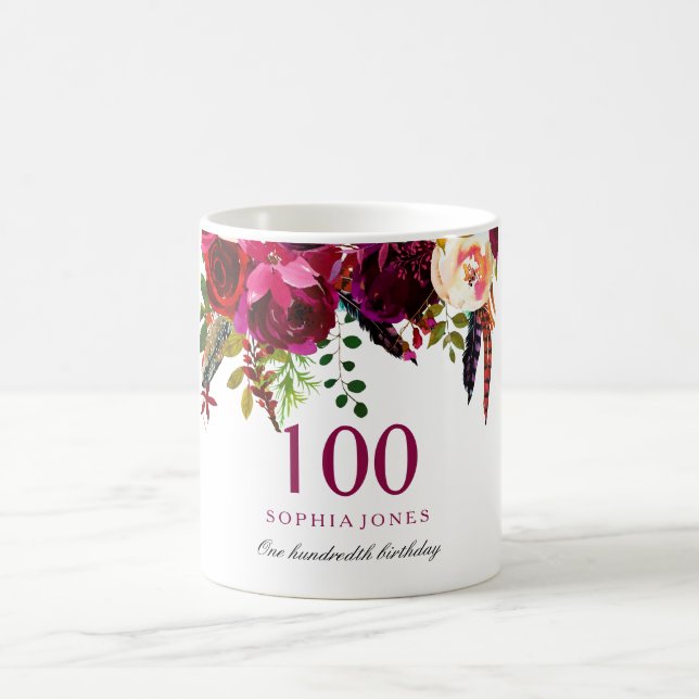 Burgundy Pink Floral 100th Birthday Guest Gift Coffee Mug (Center)