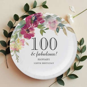 Burgundy Pink Floral 100th Birthday  Paper Plate