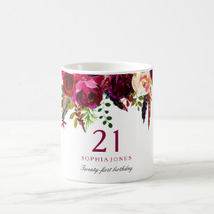 Burgundy Pink Floral 21st Birthday Guest Gift Coffee Mug