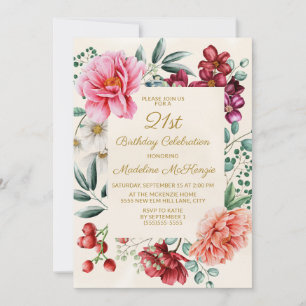 Burgundy Pink Floral 21st Birthday Invitation