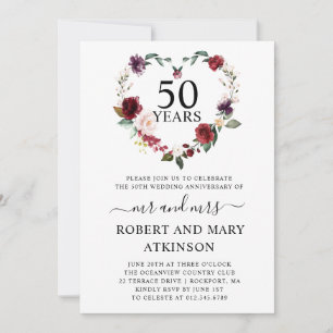 Burgundy Pink Floral 50th Wedding Anniversary Invi Invitation