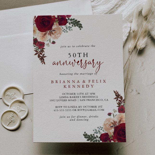 Burgundy Pink Floral 50th Wedding Anniversary  Invitation (Creator Uploaded)