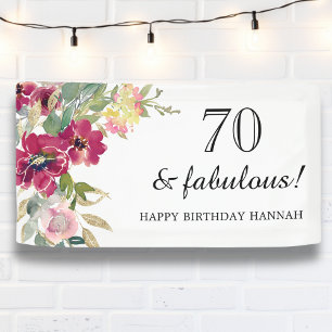 Burgundy Pink Floral 70th Birthday  Banner