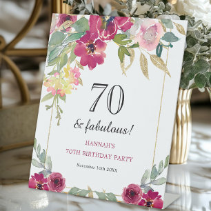 Burgundy Pink Floral 70th Birthday Pedestal Sign