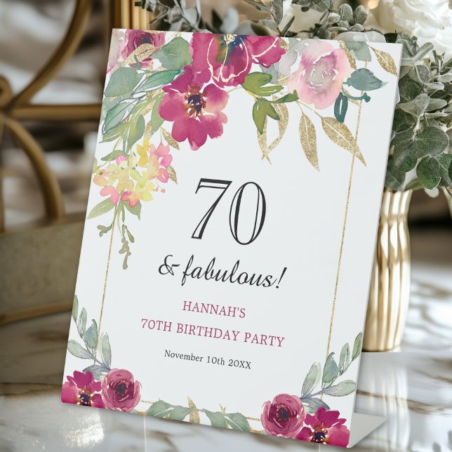 Burgundy Pink Floral 70th Birthday  Pedestal Sign (Creator Uploaded)