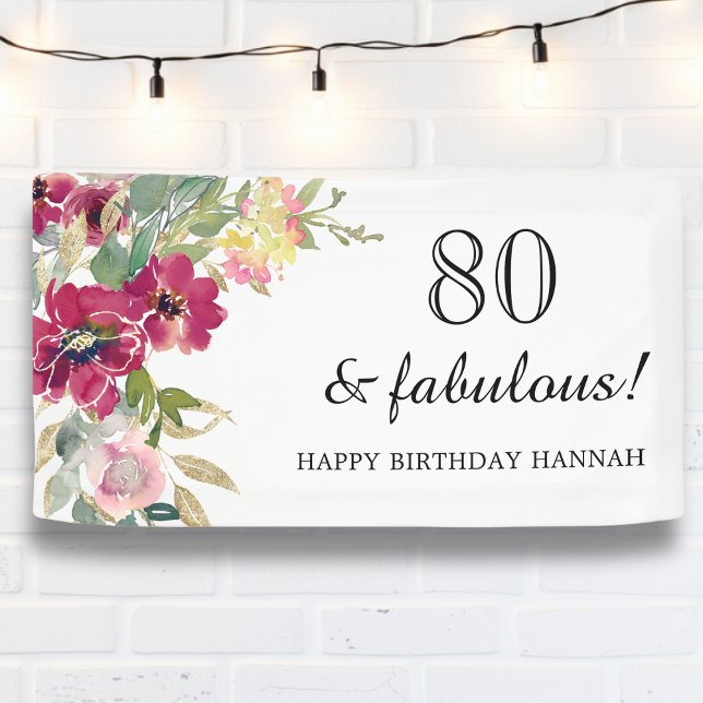 Burgundy Pink Floral 80th Birthday  Banner (Creator Uploaded)